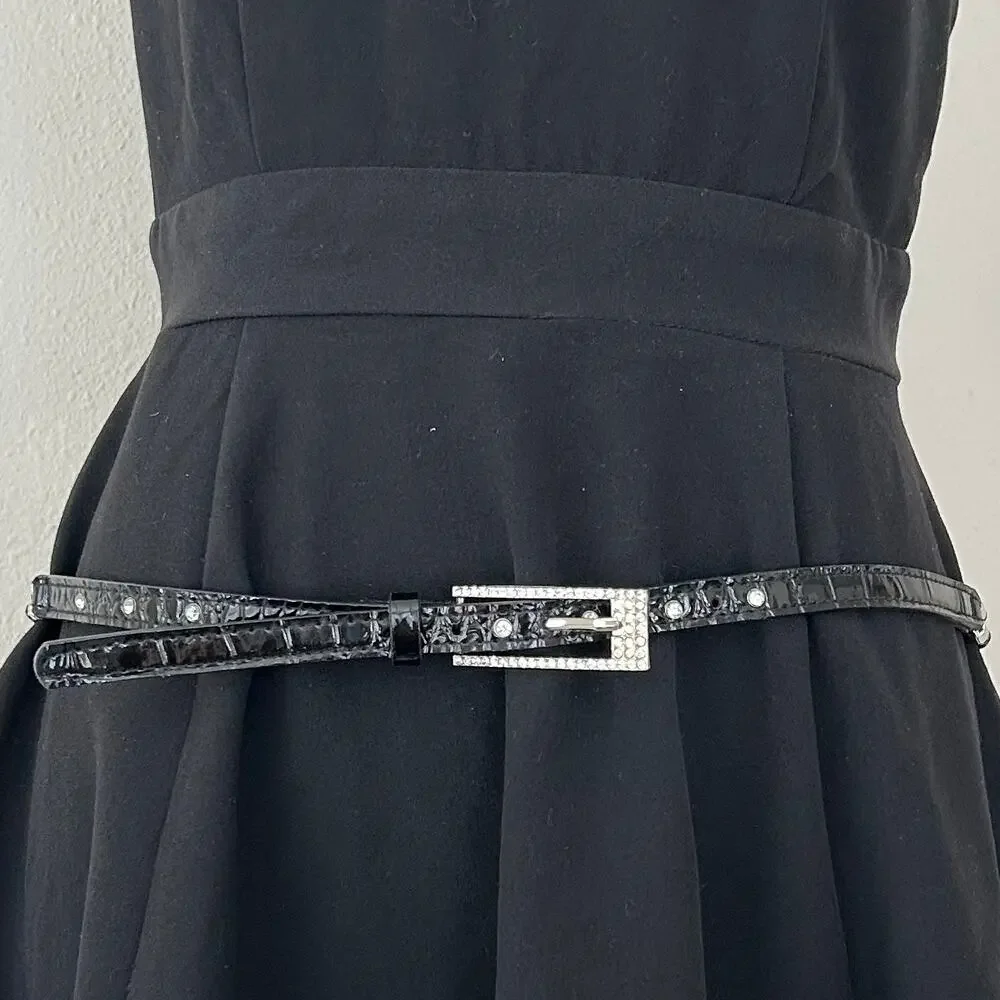 Vintage Black Beaded & Croc Embossed leather Skinny Belt fairy western glam 34